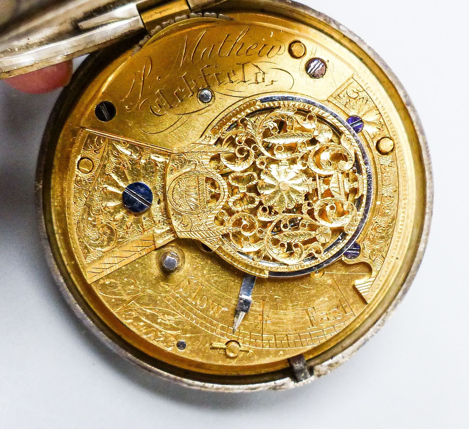 A Victorian silver keywind verge pocket watch movement marked Mathew, Uckfield, (outer case missing?), case diameter 50mm.